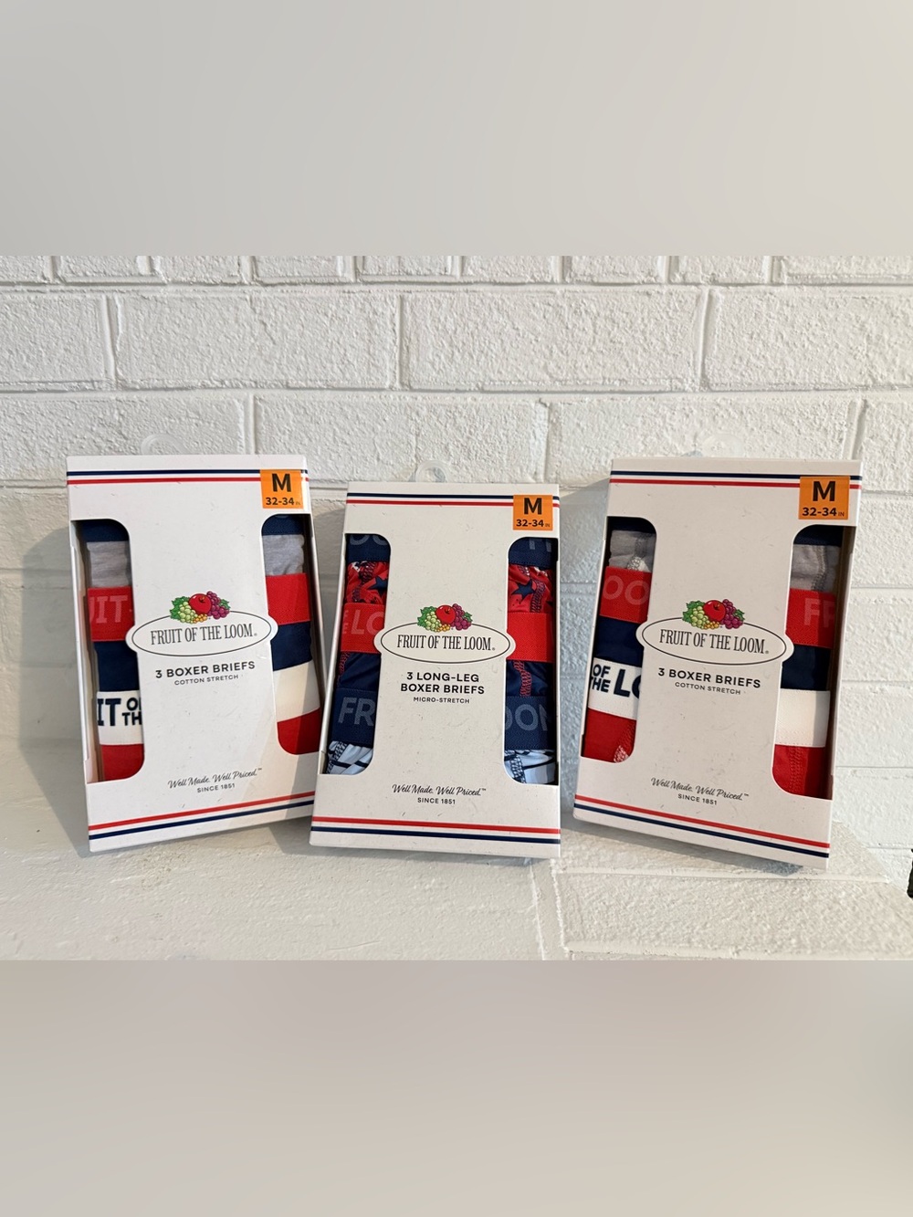 9 Pairs Of Fruit of the Loom Men’s Boxer Briefs Pack - Red, White, Blue